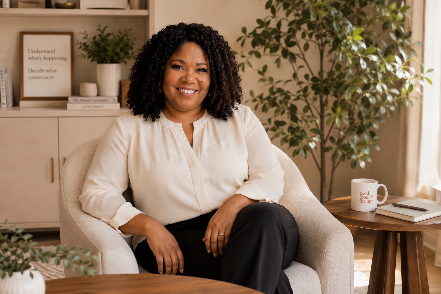 Alesa Hamilton seated in the warm Good Ground Therapy office